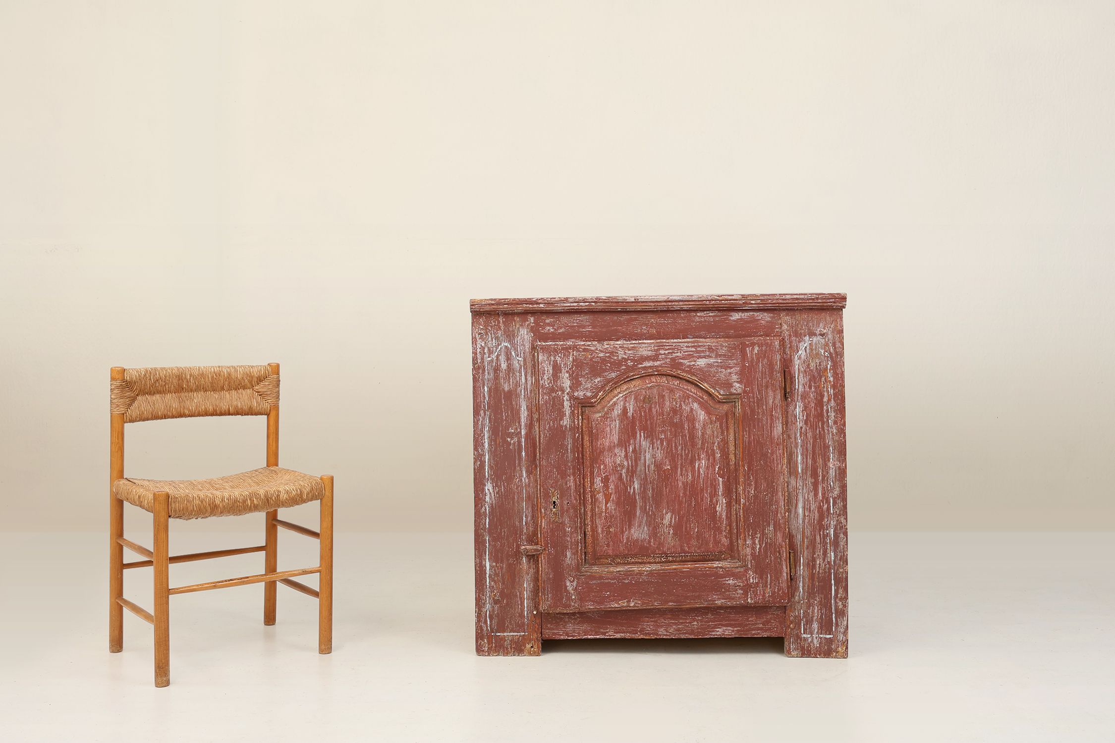 Rustic Parisian cabinet in pine wood with old burgundy paint layers, ca. 1820thumbnail